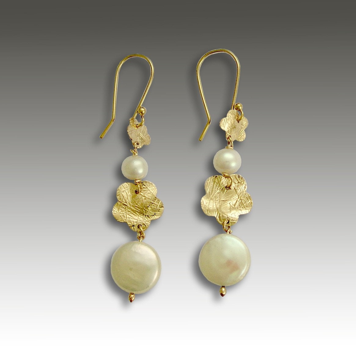 From the sea - 14k gold filled floral earrings with fresh water pearls.