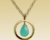 Yellow gold filled hammered circle and blue ocean quartz necklace - Astronomy