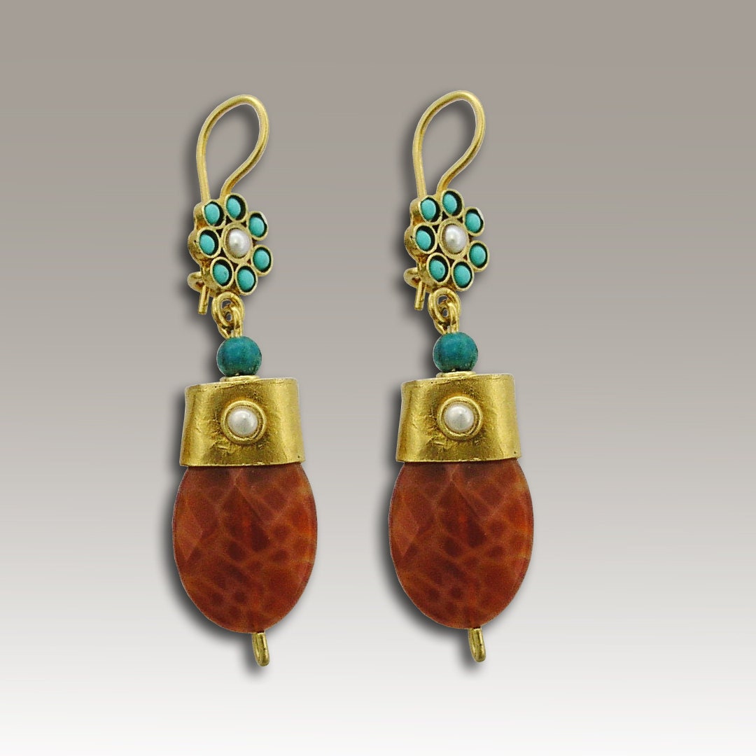 Fire agate, pearls and teal turquoises 24k gold plated ethnic earrings - Just u and me.