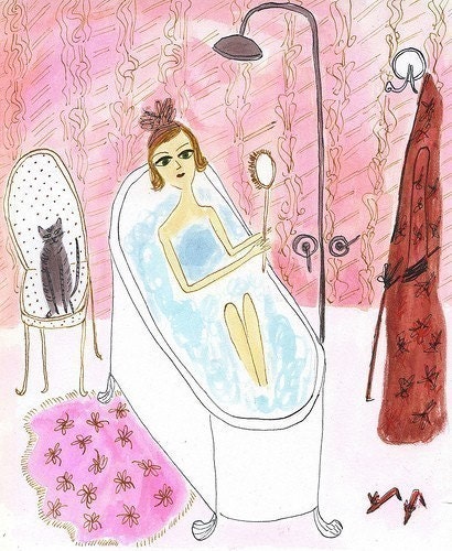 Marguerite Woodworth relaxes in the bath before a big night out on the town, 1935. Limited edition print of an  original painting