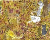 Fall cats, frolicking.  Limited edition print by Vivienne Strauss.