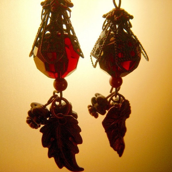 Metallic Copper Earrings with Vintage Beads, Leaves and Charms