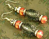 Peach Opal, Onyx and Etched Beaded Earrings
