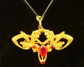 Art Nouveau Pendant Necklace with Rubies and Pearls