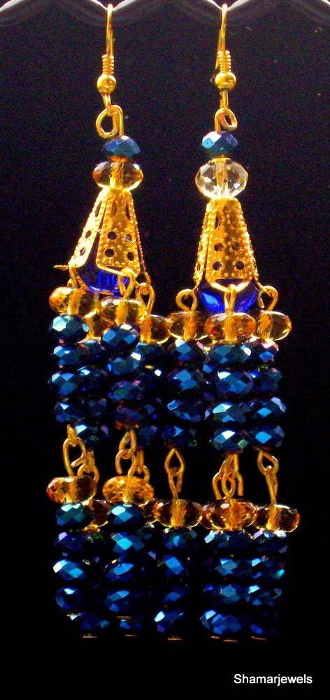 Iridescent Luminescent Midnight Blue and Citrine Sun Beaded Earrings