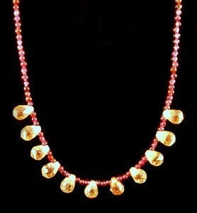 Garnet Beaded Necklace with Peach Faceted Teardrops