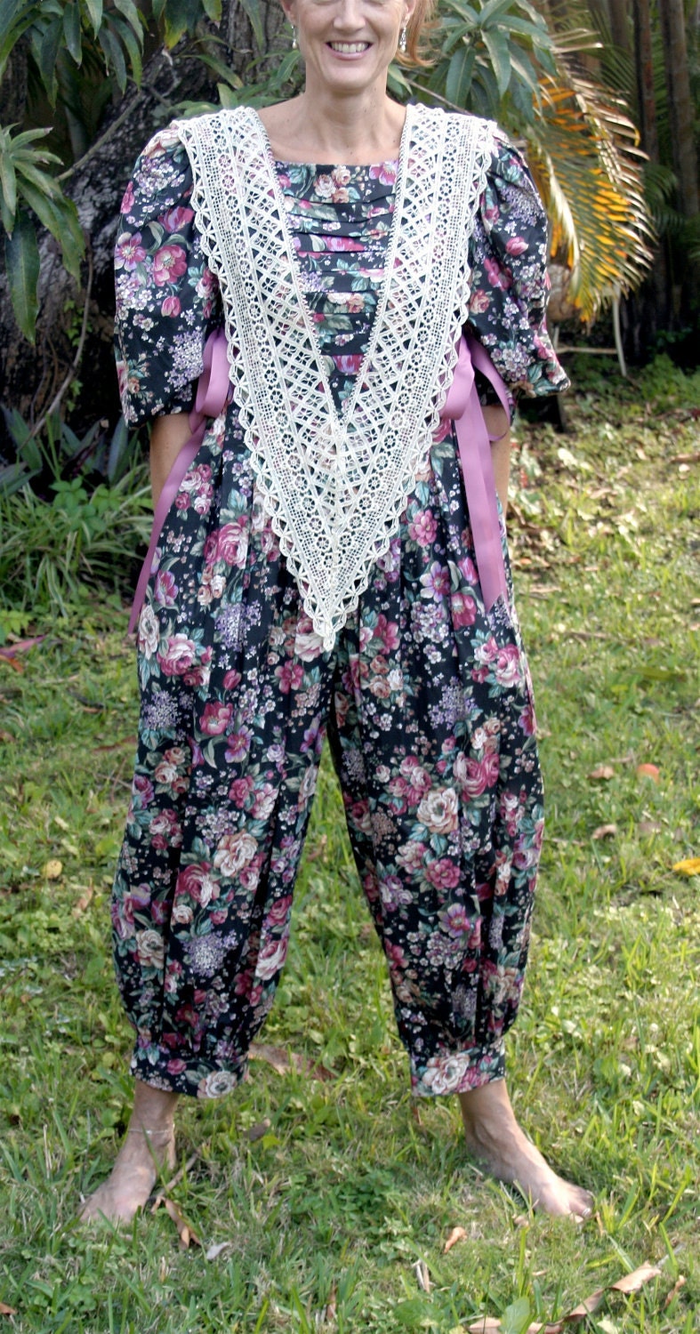 VINTAGE Floral Jumpsuit, New with Tags, Jacobsens, 80s couture, lace bib