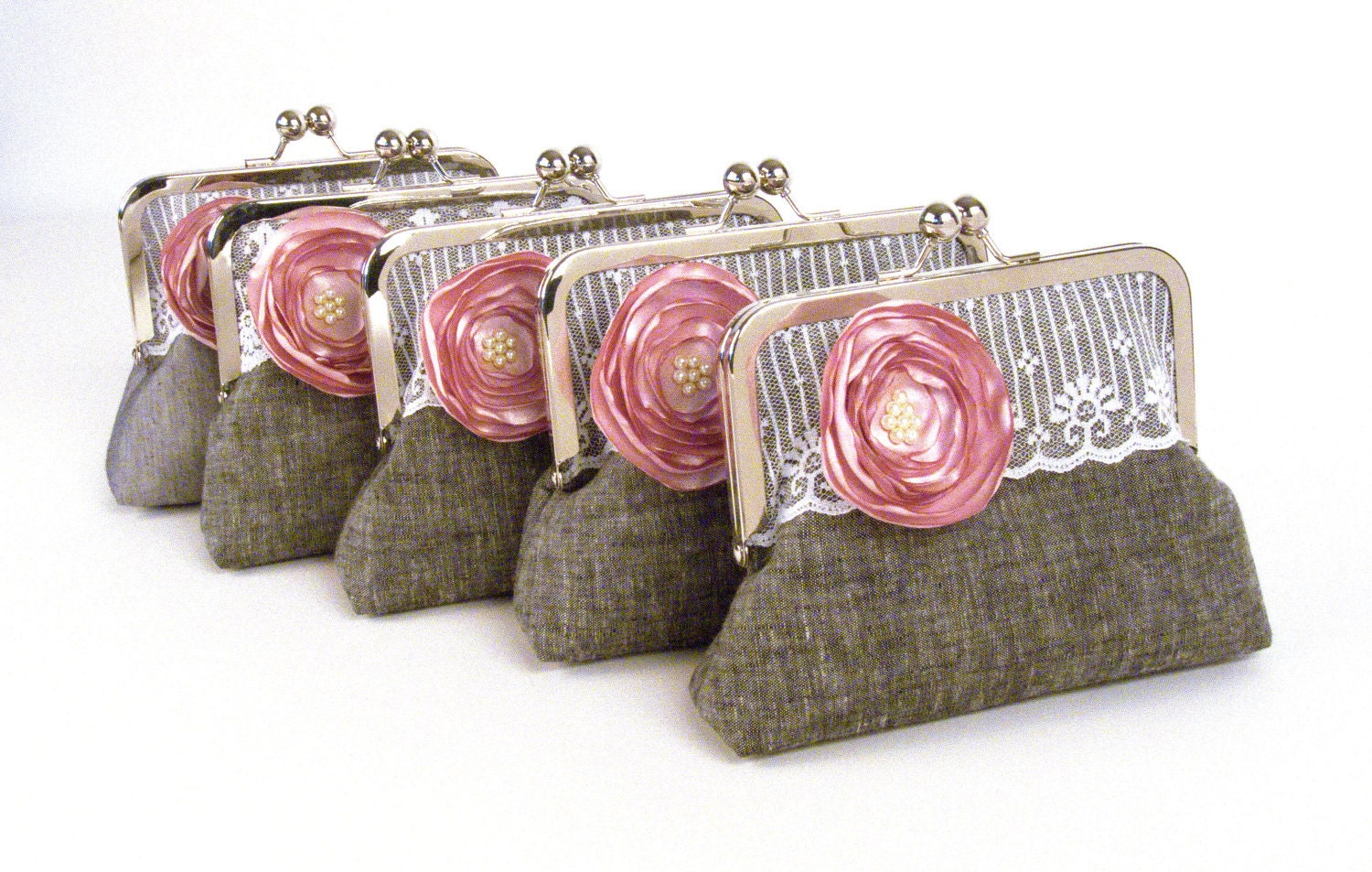 5 Rustic Wedding Bags- Bridesmaids Gifts- Custom Purses- Wedding Clutches- Bridesmaids Clutches- 5 Grey Clutches with Rose Flower Brooch