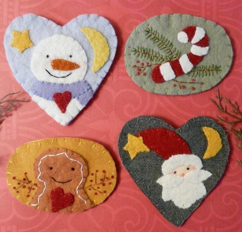 Christmas wintertime Wool Pins Pdf PATTERN - embroidery snowman santa gingerbread man brooch jewelry candy cane pin primitive