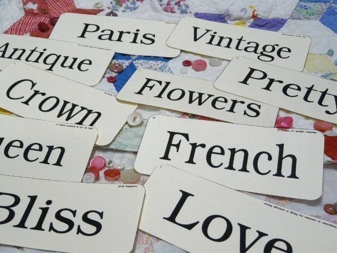12 Large Shabby Chic Flash Cards PDF - vintage like altered art antique signs words love crown pretty scrapbooking digital uprint primitive