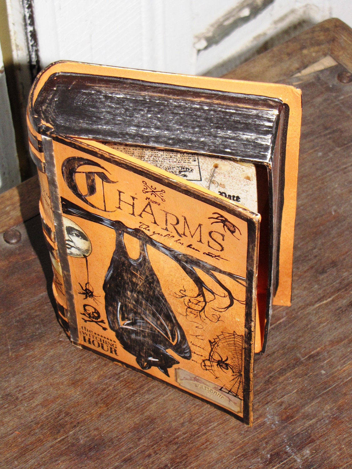 SMALL Vintage Paper Mache Halloween Witch's Book of CHARMS Box hand Painted BAT