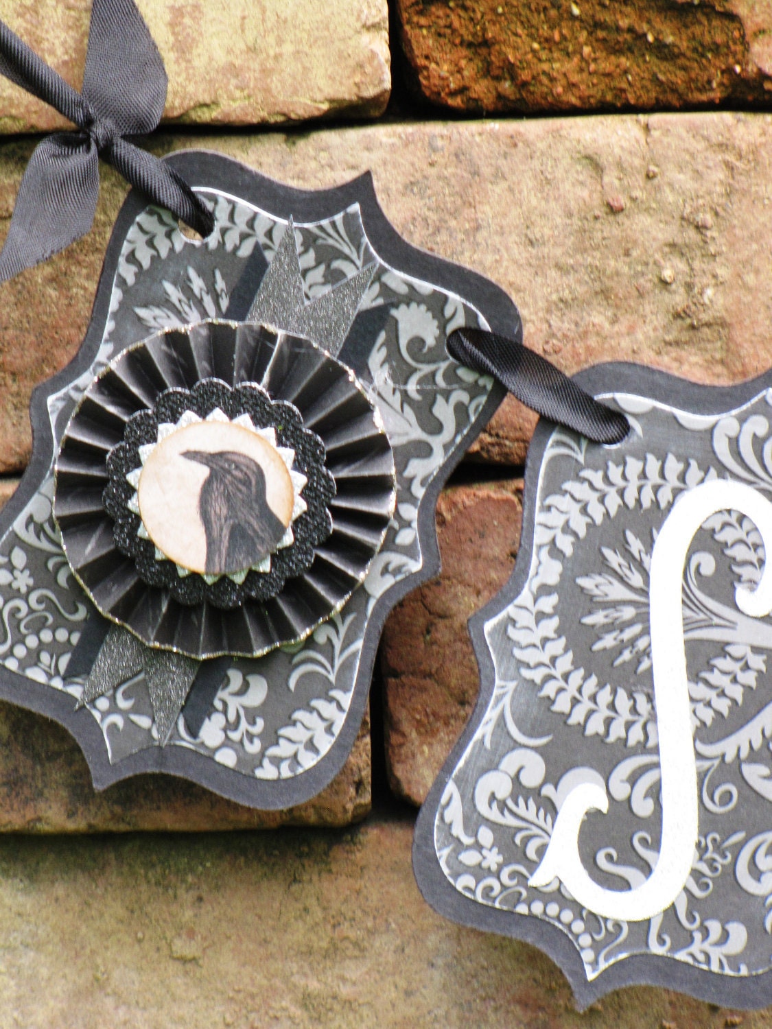 Reserved for Stephanie Vintage Halloween Inspired SPOOKY Banner Garland Victorian Paper Rosettes Crow RAVEN Grey and Black damask
