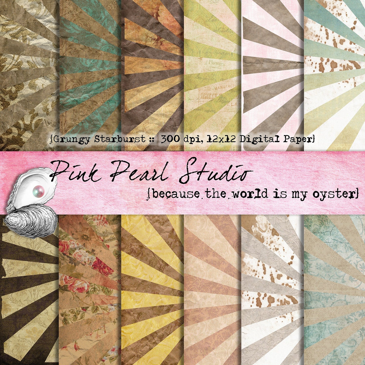 Grungy Starburst Shabby Digital Paper Pack 12x12 Scrapbooking, Crafts and Cardmaking