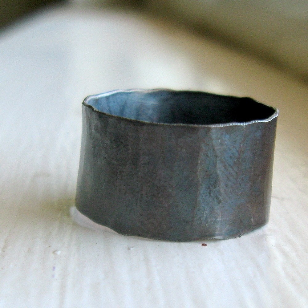 Mens Ring Rustic distressed wide sterling band - tinahdee