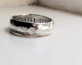 Mans Wedding Band with up to 10 characters personalization- Hammered Silver