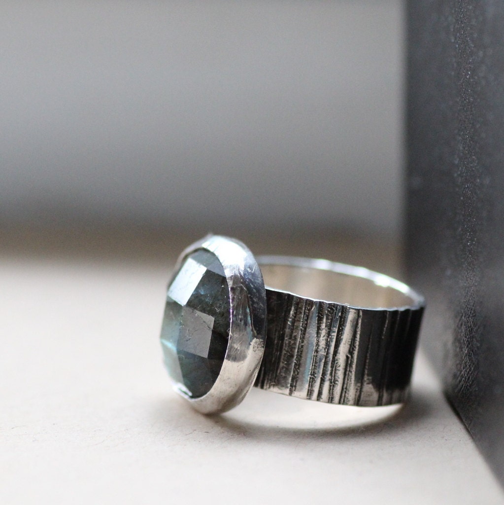 Rustic Rose Cut Labradorite and Woodland Tree Bark Sterling Gemstone Ring