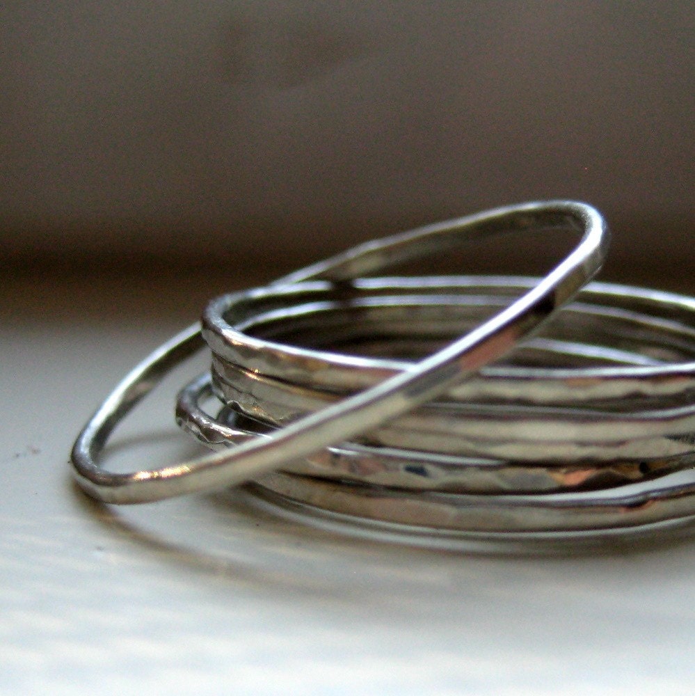 14k White Gold Hammered Stacking Rings
