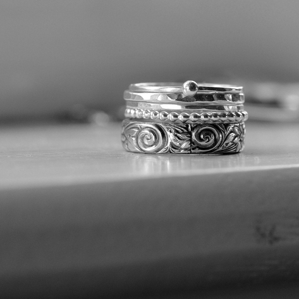 Five Sterling Silver Rings in a Stack