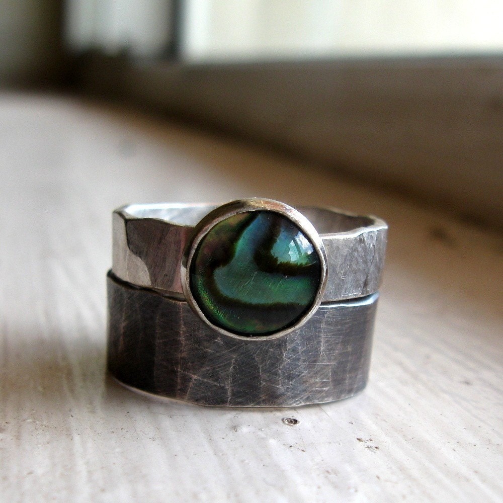 Rustic distressed sterling abalone rings