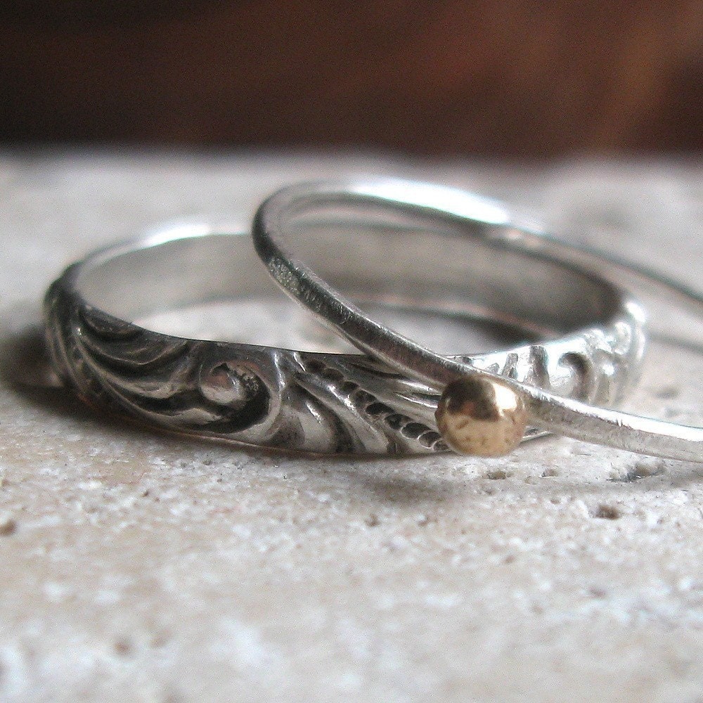 Renaissance Pattern Stacking Rings with Solid Gold Nugget