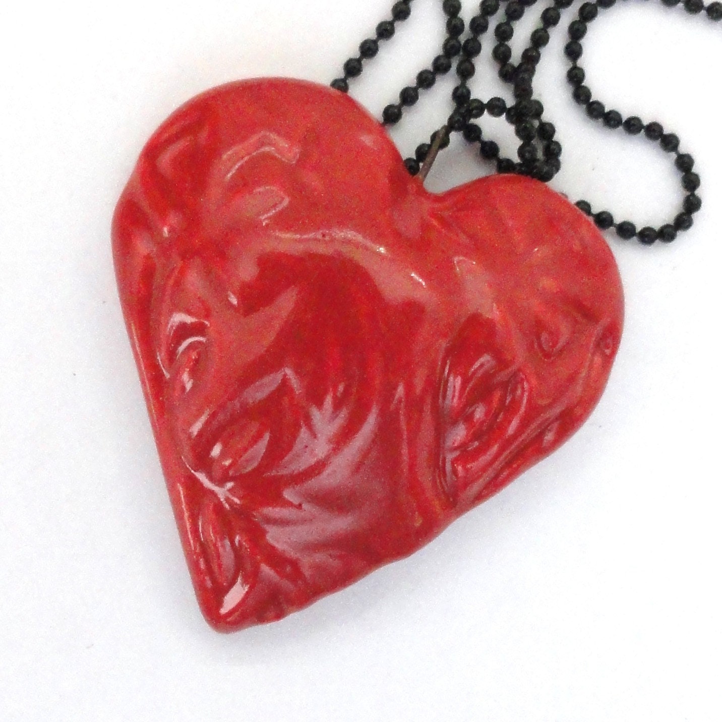 Handmade Ceramic Red Heart Pendant Focal Bead Necklace