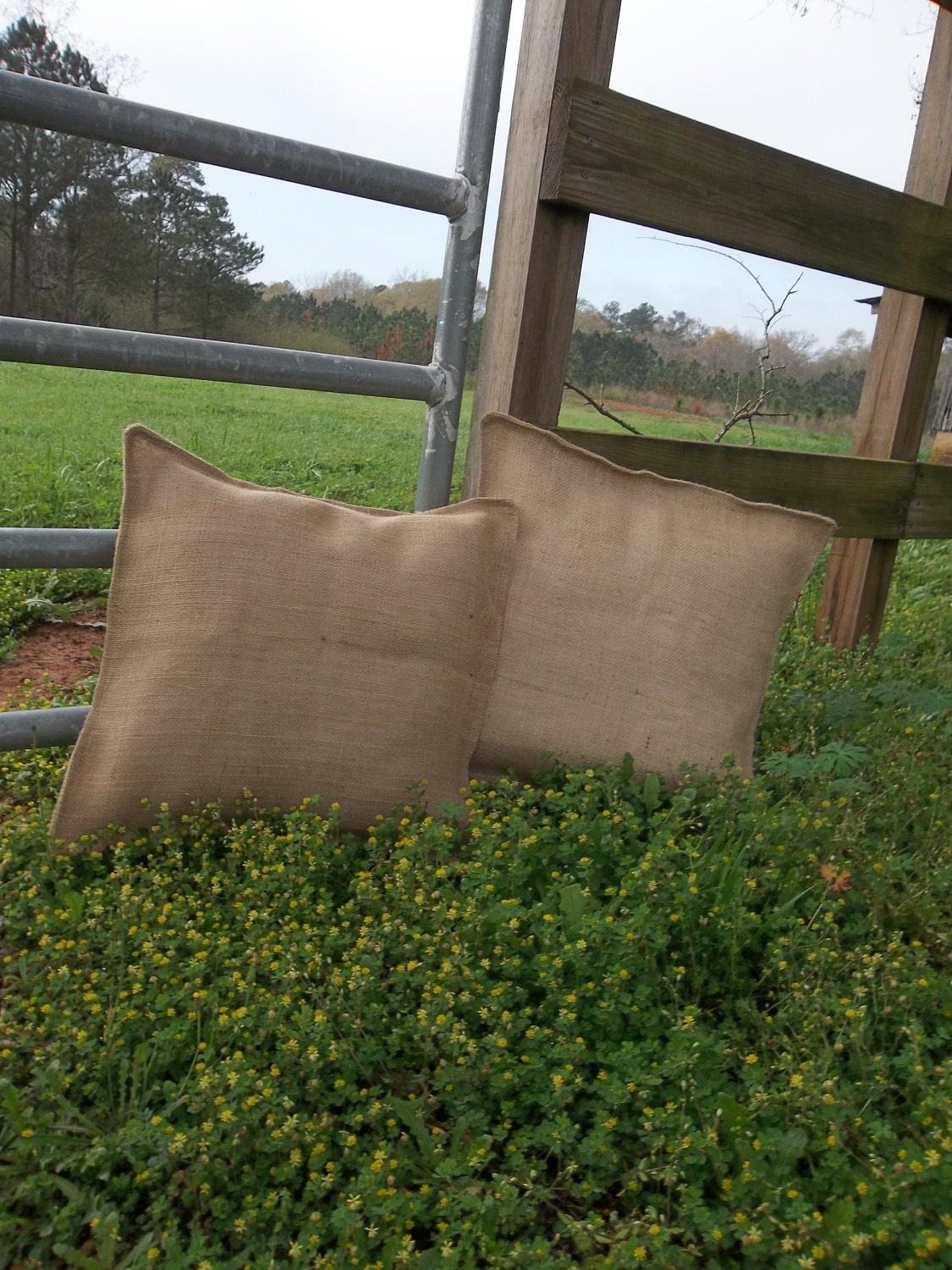 Pair Burlap Pillows Throw Decorative Pillows 16" French Country Farmhouse READY to SHIP Pottery Barn Style 16" Burlap Pillows Set of 2
