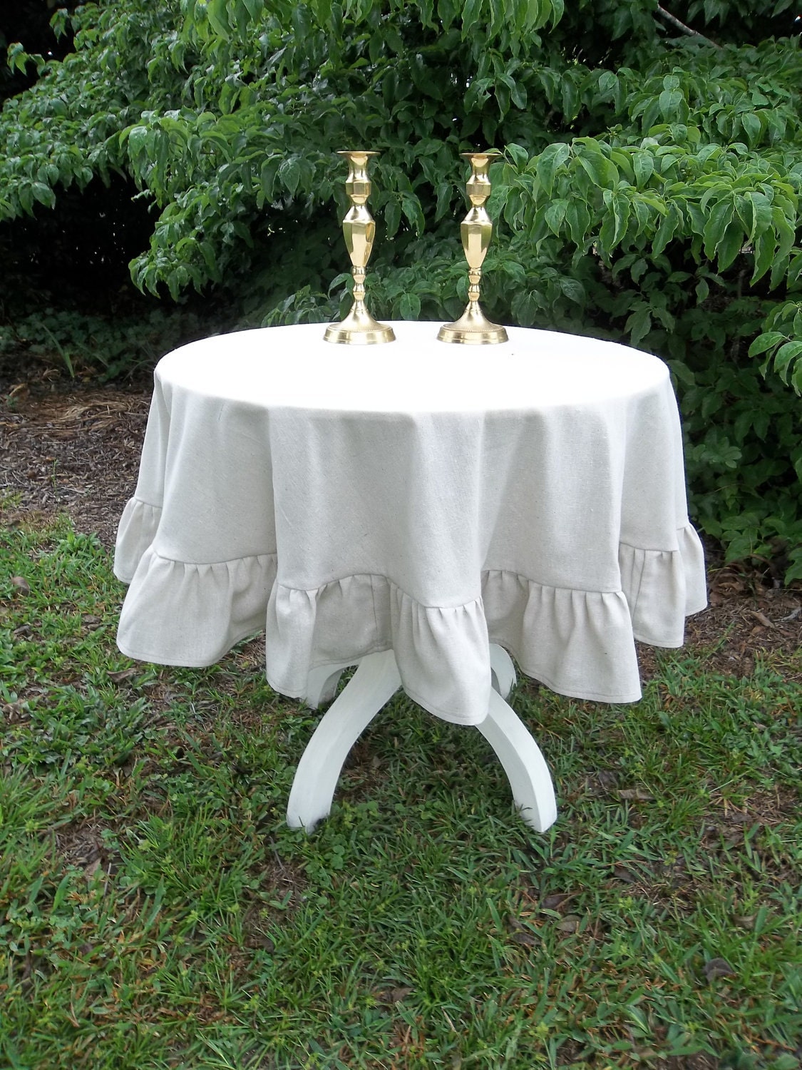 Round Tablecloth Ruffled Handmade Wedding Decor French Country Farmhouse Cottage Chic Shabby Natural Cotton Organic