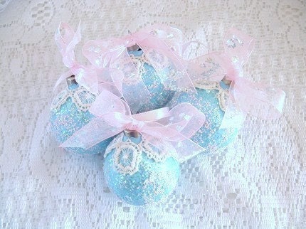Romantic Victorian Style Blue Sugared Ornaments - Handmade