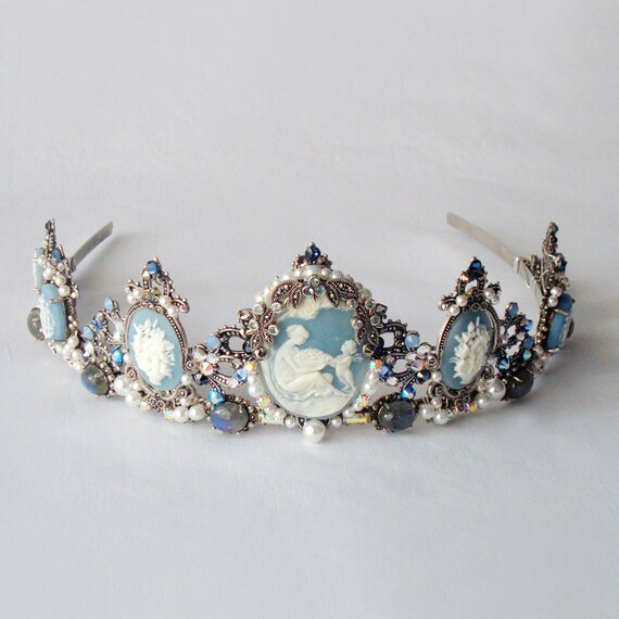 Drusilla Blue tiara - Gothic headpiece, marcasite, blue topaz, labradorite, cameo, pearls, rhinestones