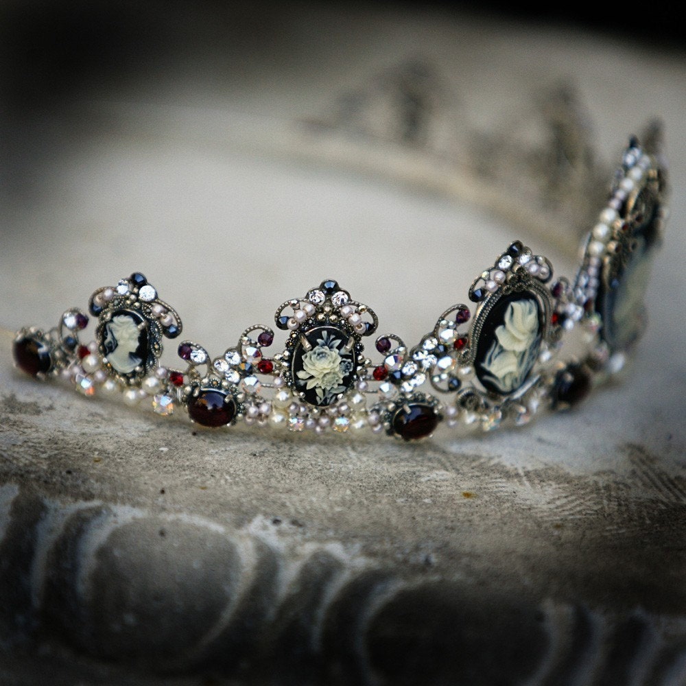 Drusilla tiara - Gothic headpiece, marcasite, garnet, cameo, pearls, rhinestones