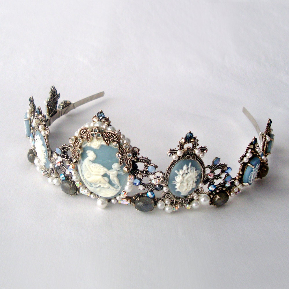 Drusilla Blue tiara - Gothic headpiece, marcasite, blue topaz, labradorite, cameo, pearls, rhinestones
