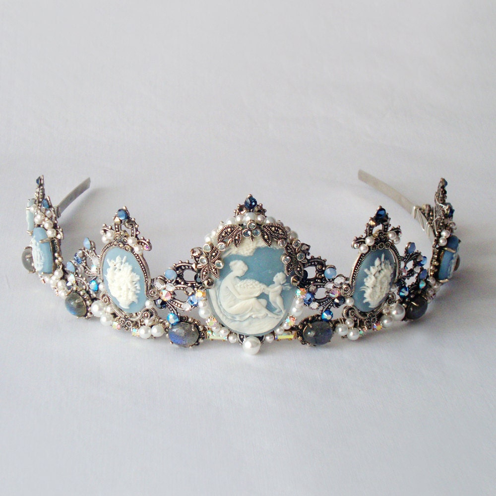 Drusilla Blue tiara - Gothic headpiece, marcasite, blue topaz, labradorite, cameo, pearls, rhinestones