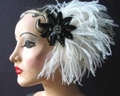 Ivory Feather Fascinator, Hair Accessory, Weddings, Bridal, Black Cream Puff with Swarovski Crystal Filigree - Batcakes Couture