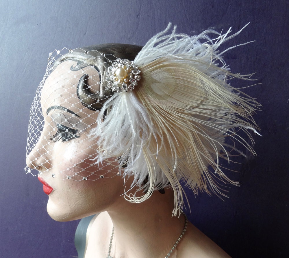 Bridal Veil, Peacock Feather Fascinator, Birdcage Veil, Hair Accessory, Wedding Head Piece ,White Peacock, Pearl, Batcakes Couture