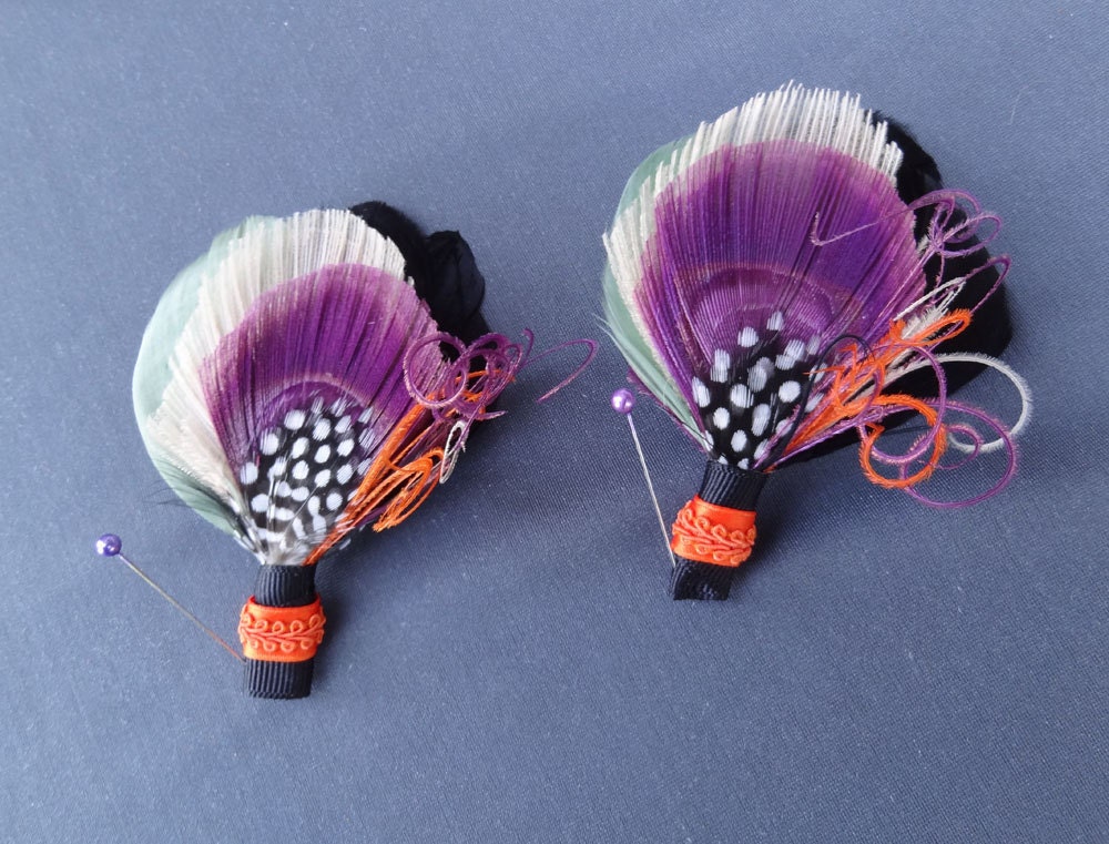 2 Peacock Feather Boutonniere Set, Lapel Pin, Groom, Groomsmen, Weddings, Men, Black, Ivory, Purple, Green, Orange, Batcakes Couture