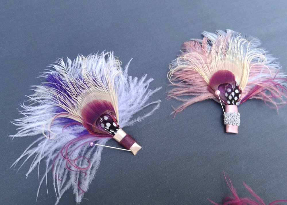 White Peacock Feather Boutonniere, Lapel Pin, Set of Two, Groom, Groomsmen, Weddings, Men, Pink, Purple, Gray, Lavender, Batcakes Couture