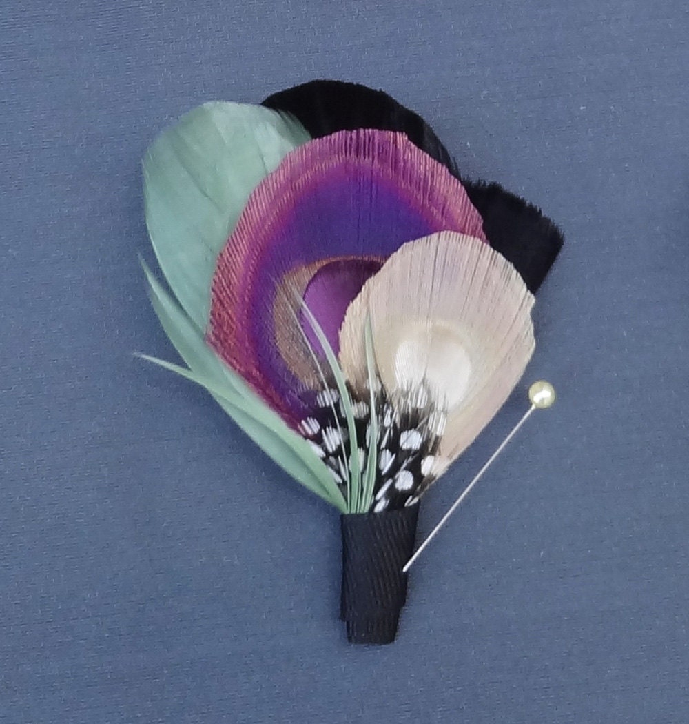 Ivory White Peacock Feather Boutonniere, Lapel Pin, Purple, Pale Green, Groom, Groomsmen, Black, Ivory, Blue, Batcakes Couture