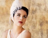 Unique Bridal Head Piece, Feather Fascinator, Hair Accessories, Ivory, White, Silver, Clip, Beaded Star,Retro, Batcakes Couture