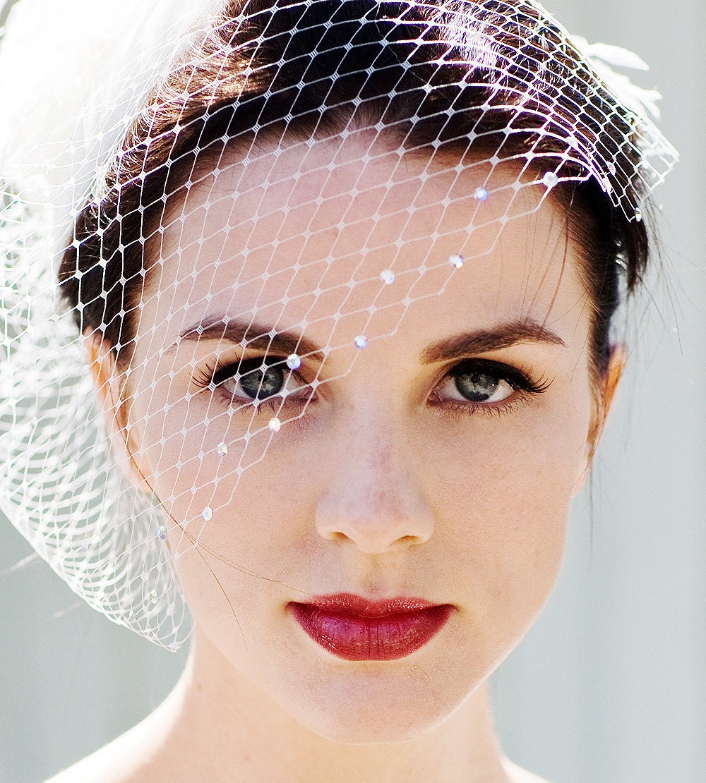 Swarovski Crystal Dotted, Birdcage Veil, 9 Inch Birdcage Veil, Wedding Veil, Short Birdcage Veil, Ivory White,  Classic Glam