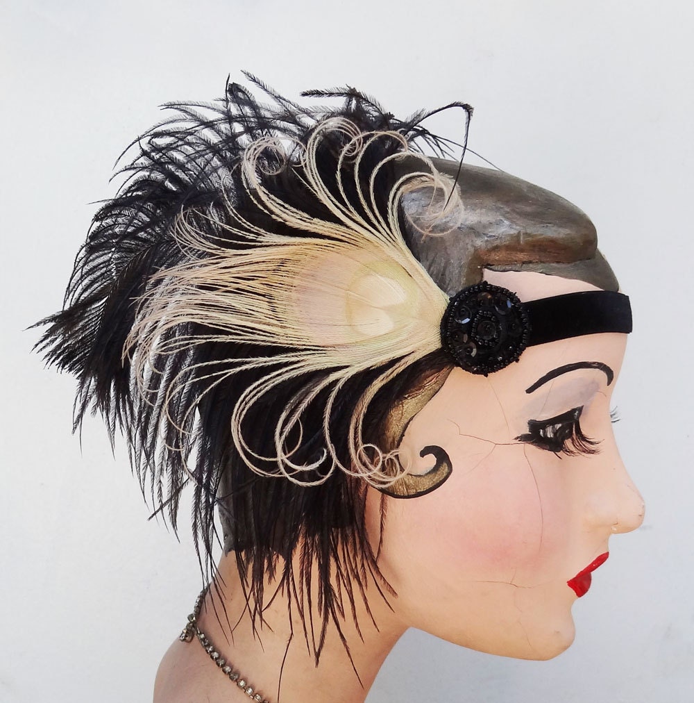 Unique Art Deco Headband, Ivory Peacock Feather Fascinator, Black Velvet Headband, 1920s Head Piece, Halloween Costume, Batcakes Couture - BatcakesCouture