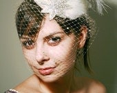 Weddings, Feather Fascinator, Ivory Birdcage Veil,  Bridal Hat, Hair Accessory, Beaded Star, Victorian, Romantic, Retro, Batcakes Couture