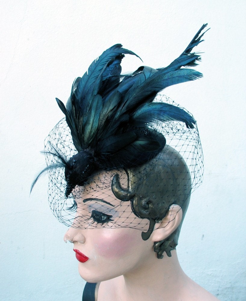Birdcage Veil Womens Hat Fascinator Black Bird - Nevermore - Exotic Taxidermy - Batcakes Couture
