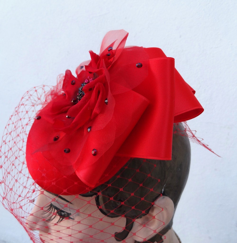 Weddings, Red Hat, Fascinator, Birdcage Veil, Poppy, Rose, Flower ,Cocktail Hat, Ribbon, Bow Swarovski Crystal, Batcakes Couture