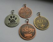 Bone, Fleur de lis, paw prints dog pet id tag. 1 1/4" custom etched brass, copper, nickel dog tag.