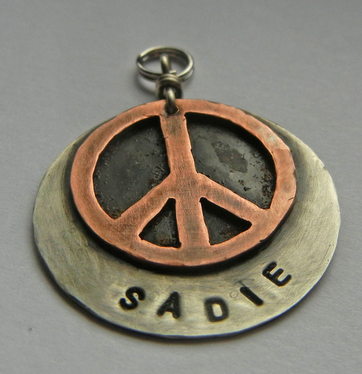PEACE sign dog tag pet id hippie. Handcrafted copper and nickel. Multi layered and custom stamped.