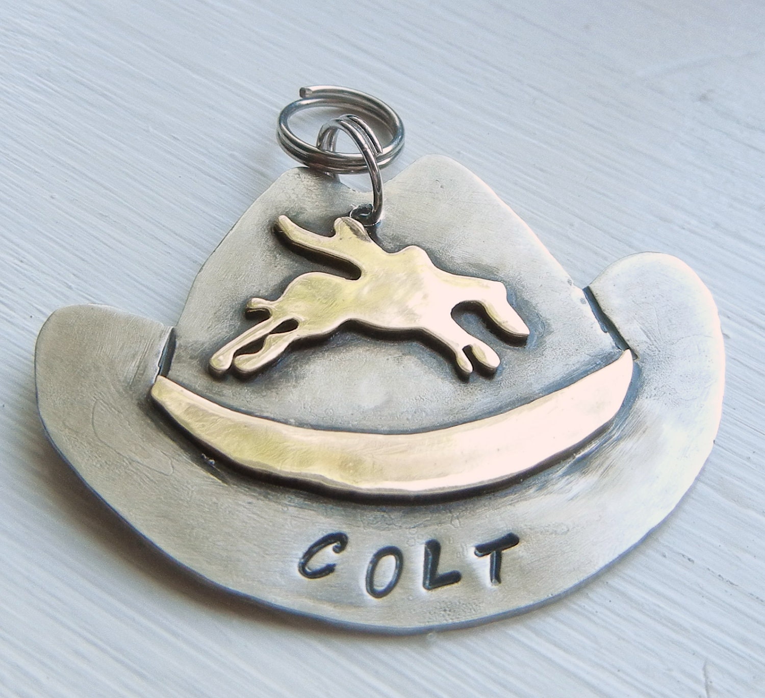 COWBOY HAT cowgirl western rodeo dog pet tag ID. Hand cut brass and nickel. Custom stamped.
