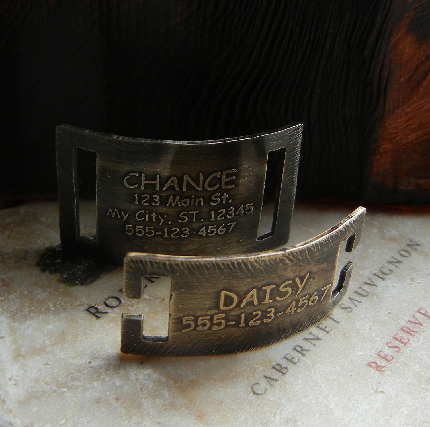 Etched Dog Pet ID Collar Tag Nickel Silver, Brass or Copper slide on or snap on.