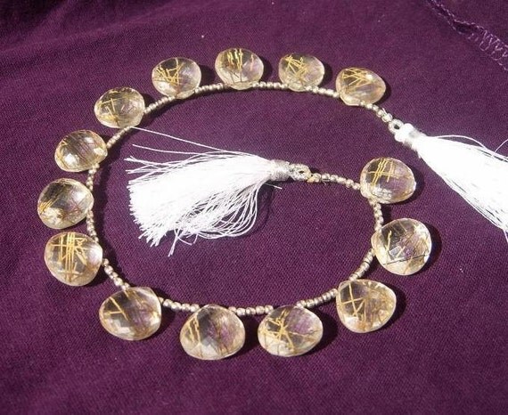 8 Inches - Sparkling Golden Rutilated Quartz Faceted Heart Briolettes Size 12x12mm w/ 14 Pcs 7matched pairs Super Unique Stones