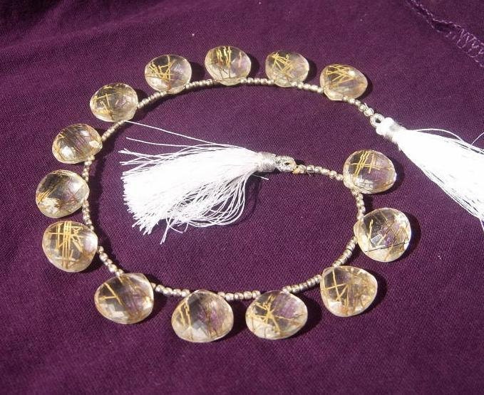 8 Inches - Sparkling Golden Rutilated Quartz Faceted Heart Briolettes Size 12x12mm w/ 14 Pcs 7matched pairs Super Unique Stones