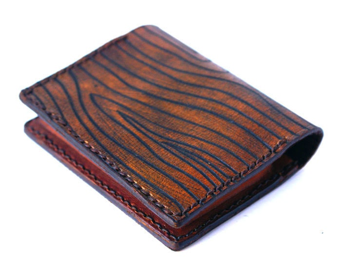 Billfold Men's Wallet - Bifold Little wallet leather wood grain in Brown / Men Gift